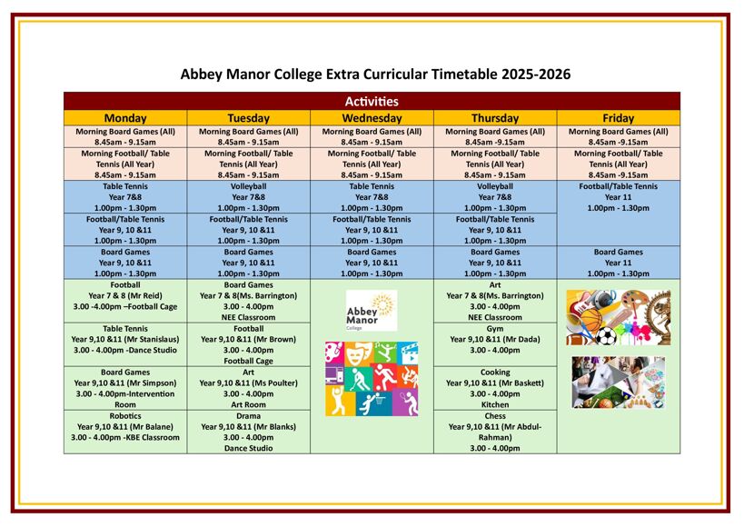 Extra-Curricular Timetable 25/26